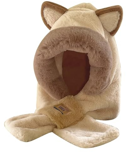 Ski-Kopfbedeckung, niedliche Ohren, 2-in-1-Mütze und Schal, Ohrenschal, Mütze, Schal, Kombi-Kapuze, kombiniert eine Mütze für Frauen, beige, Einheitsgröße
