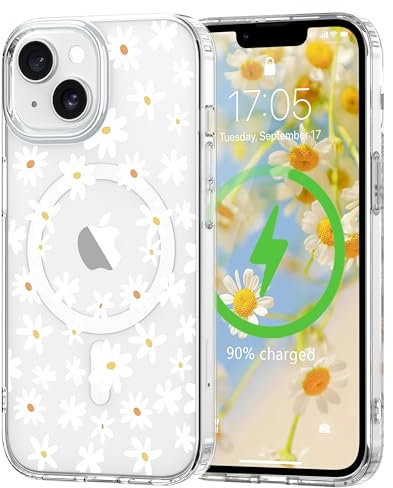 L-FADNUT Magnetisch Handyhülle für iPhone 14/13 Hülle Kompatibel mit MagSafe, Transparent Blumen Muster Schutzhülle Hart PC Rückseite Dünne Stoßfest Kratzfestes Case für iPhone 14/13, Weiß