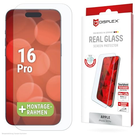 Schutzglas für iPhone 16 Pro (10H), kristallklar, mit Eco-Montagerahmen | DISPLEX Real Glass, 10H Panzerglas, Bruchschutz, extra-harte Kanten, kratzfest, Anti-Shock, kristallklar, hüllenfreundlich