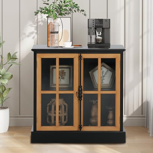 MAISON ARTS Buffet Sideboard Cabinet Accent Cabinet Cupboard with Glass Doors for Entryway, Dining Room, Living Room and Kitchen, Black
