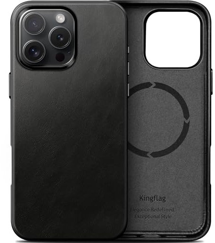 kingflag Leder Hülle für iPhone 16 Pro 6,3 Zoll Ölwachs-Oberleder Handyhülle extra Dünn Kompatibel mit MagSafe Metallknöpfen (Schwarz)