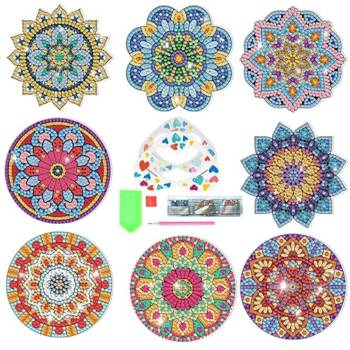 Kits de Peinture Diamant sous-Verres Bricolage - Ensemble de sous-Verres de Peinture Diamant Bricolage 8 pièces - Kits d'art de Diamant Coaster avec Support pour Adultes débutants Fournitures d'