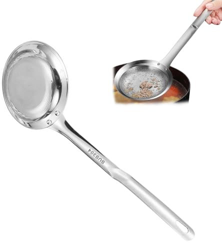 IUSOT Schaumlöffel, Schaumkelle Edelstahl, Frittierkelle, Abschöpfkelle mit Feinem Sieb, Kleines Sieb Fein, Spinnen Sieb für Küche, Fettabschöpfer, Schöpflöffel für Öl, Schaum, Lebensmittelreste (L)
