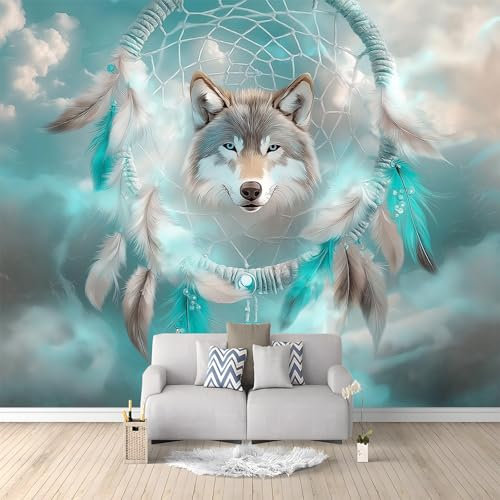 Traumfänger Grün Gefiederter Wolf Tapete Wandbild 3D Fototapete Grün Vliestapete Wandtapete Foto für Modernes Design der Fernseh Hintergrund Wand-Kunst-Deko, 300x210 cm