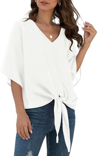 YGJIEGENG Womens Chiffon Tops, Short Sleeve Summer Blouse | Tie Front Blouses, V Neck, Dressy Casual, Batwing Sleeve Ladies Tops, Loose Fit T-Shirts, Going Out, Work