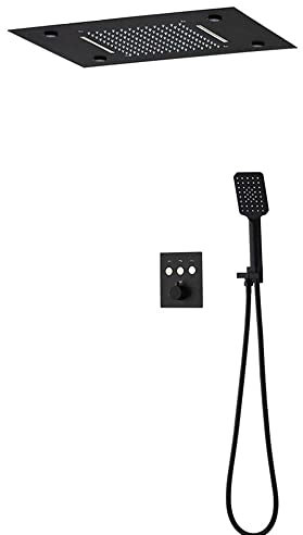 XCHSXYL Thermostatischer Badezimmer-Duschhahn, Regenhahn, Schwarz/Chrom, Messing, Umsteller, Mischbatterie, Handbrause, 20,3–30,5 cm, BRAC-Ventil, Duschset