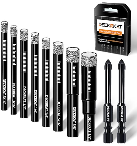 DECKRKAT 10-Piece Dry Diamond Drill Bits & TileDrill Bits - 3/16(x2), 1/4(x3), 5/16, 3/8, 1/2 + 1/4(x2) Bit for Tile,Ceramic, Porcelain,Marble,Granite.
