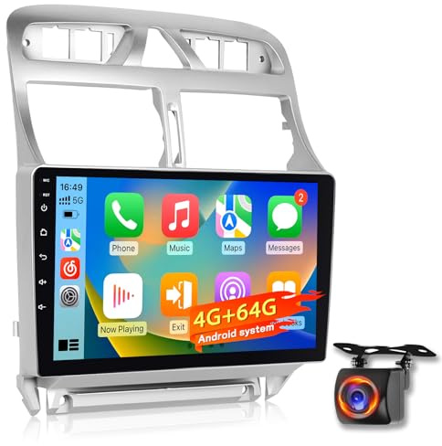 4+64G Radio Android para Peugeot 307 2002-2013, estéreo con Pantalla IPS 9 Pulgadas 1280×720 con Wireless CarPlay & Android Auto, GPS WiFi Bluetooth DSP + cámara Trasera AHD
