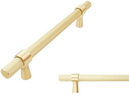 keypak 10 Pack Brushed Brass Knurled Kitchen Cupboard Handles 128mm | Aluminium T-Bar Pulls for Cabinet, Wardrobe Doors, Chest of Drawers