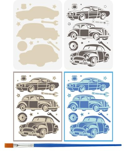 FINGERINSPIRE 2 Stück Mehrschichtige Schablonen Mit Klassischem Automuster Und Pinsel 29.7x21cm Malschablonen Für Autoreifen Schraubenschlüssel Stern Zeichenschablonen Vorlage Für PET Transportthemen