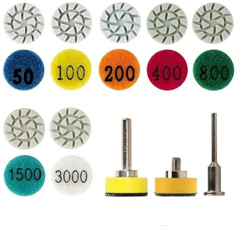 MiJunHD 1inch 25mm Mini Diamond Polishing Pad 16Pcs/Set, 7 Different Grit 50#-3000# Water Sanding Discs & & M6 Thread/3mm/6mm Shank Hook & Loop Backing Holder for Detail Fine Grinding