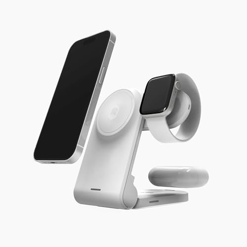 STM ChargeTree Mag Tragbare Qi2-3-in-1 Tragbare Kabellose Ladestation für iPhone 17, Samsung, Android (15W), AirPods (5W), Apple Watch (3W) - Qi-Zertifiziert - Inklusive USB-Kabel - Weiß