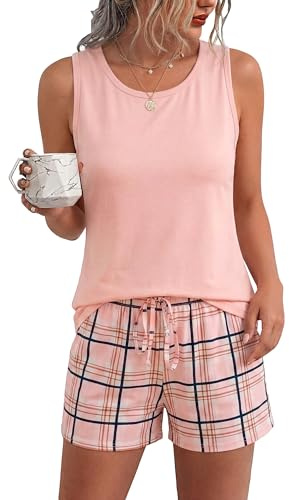 Bresdk Pyjama Femme Court en Coton 2 Pièces Haut Col V Short à Carreaux | Ensemble loungewear d'été doux et respirant en coton. Short à carreaux imprimé avec ceinture élastique, cordon et 2 poches