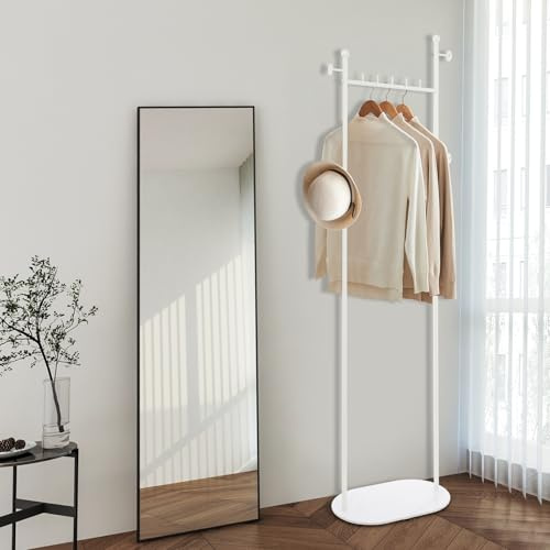 ZNLLQZN Porte-manteaux autoportant, solide, avec 5 crochets horizontaux et 4 crochets latéraux, pour vêtements, chapeaux, sacs, blanc