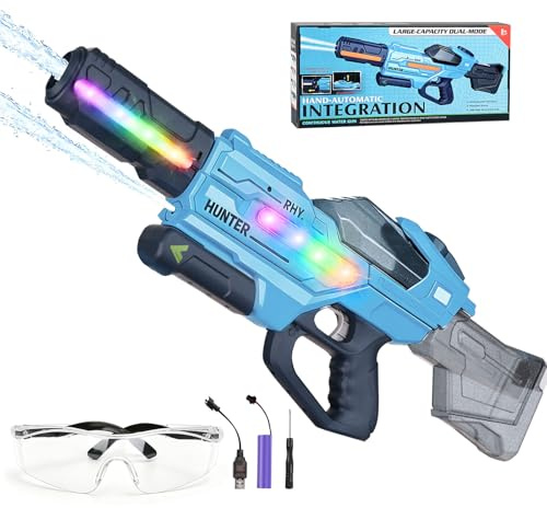 Beeoecm Pistolet a Eau Electrique, 1000 ML Pistolet à Eau Automatique Rechargeable avec Lumières LED, Lunettes de Protection et Fonction de Remplissage Automatique pour Plage et Piscine (Bleu)