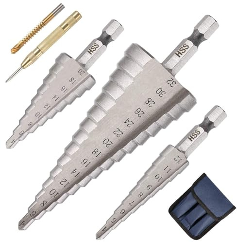 NUTKIT Broca Escalonada,3PCS Broca Cónica HSS Titanio,4-32/4-20/4-12mm | con Punzón Automático Centrador y Brocas Helicoidal,para Taladrar con Destornillador en Acero,Madera Latón,PVC,Aluminio