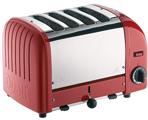 Dualit Toaster Grille Pain 4 Tranches Classic Vario - Grille Pain Inox Fabriqué au Royaume-Uni - Éléments ProHeat® Exclusifs - Fentes Individuelles, Décongélation, Minuterie Mécanique – Rouge
