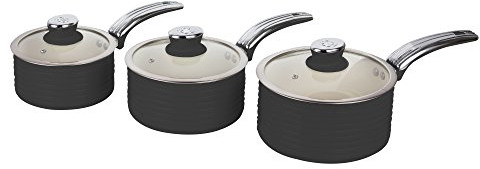 Swan Retro SWPS3020BN Batterie de Cuisine 3 Casseroles, 16 18 20cm, 3 Couvercles en Verre, Aluminium, Induction, Antiadhésive Céramique sans PFOA, Convient à Toutes Les Cuisinières, Vintage, Noir