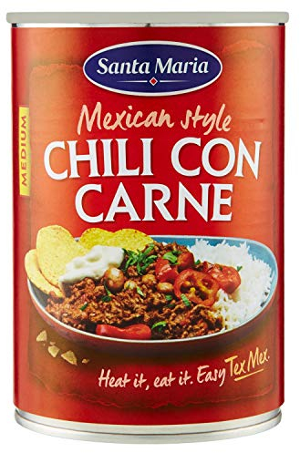 Santa Maria, Chili con Carne, Piatto Leggermente Piccante Tipico della Cucina Tex-Mex, per Farcire i Tacos o per Servire con le Tortilla Chips, Latta da 410 g
