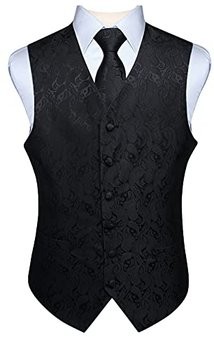 Hisdern Men's Paisley Floral Jacquard Waistcoat&Necktie and Pocket Square Vest Suit Set, Black-2, M(Chest 44inch)