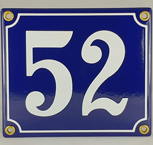 Emaille Schild Hausnummer 52 Blau-Weiß Handarbeit