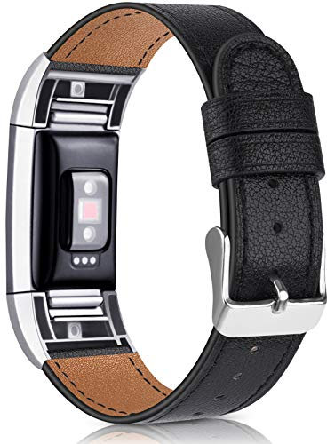 Wanme Bracelet en cuir réglable classique avec connecteurs métalliques pour Fitbit Charge 2, Gris 09, 5.5 - 8.1