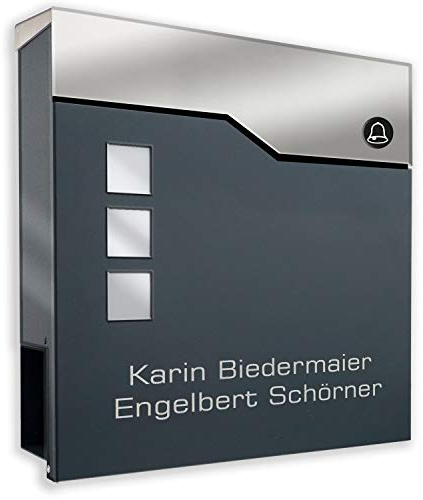 Zalafino Briefkasten mit FUNKKLINGEL ANTHRAZIT RAL 7016 mit Beschriftung - individualisierbarer Design-Briefkasten aus pulverbeschichtetem Stahl mit Zeitungsrolle und 3 Sichtfeldern