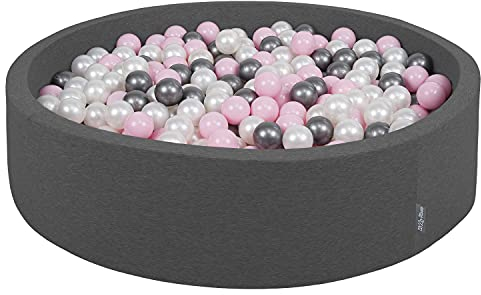 KiddyMoon Bällebad 120X30cm/300 Bälle Rund Groß Bällepool Mit Bunten Bällen Für Babys Kinder, Dunkelgrau:Perle-Puderrosa-Silber