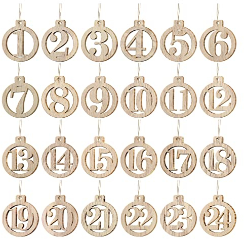 LIHAO Adventskalender zum Basteln Zahlen Holzanhänger runder Holzziffern Weihnachtsanhänger1-24 Weihnachten Countdown Zahlen Geschenkanhänger