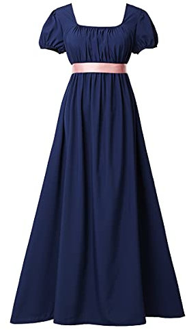 COSDREAMER Women Medieval Victorian High Waist Retro Regency Dress Ladies Retro Ribbon Ruffled Puff Sleeve Dress Blue