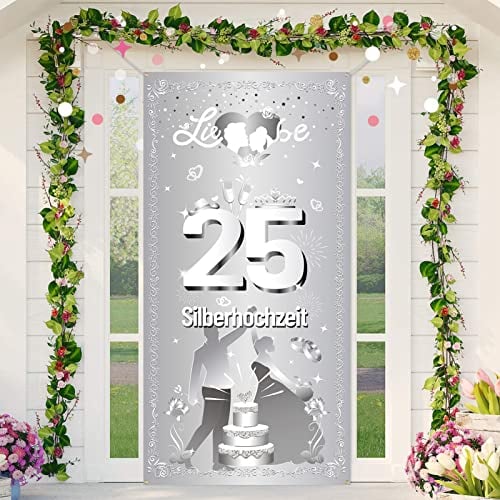 DPKOW Silberhochzeit Tür Banner für 25 Hochzeitstag Dekoration, 25. Hochzeitstag Banner für Silberhochzeit Tür Wand Dekoration, Silberhochzeit Hintergrund Garten Tisch Dekoration, 185 x 90cm