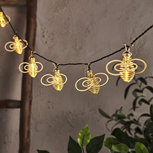 Lights4fun 10er LED Bienen Lichterkette gold warmweiss Außenbereich Gartendeko batteriebetrieben Balkondeko