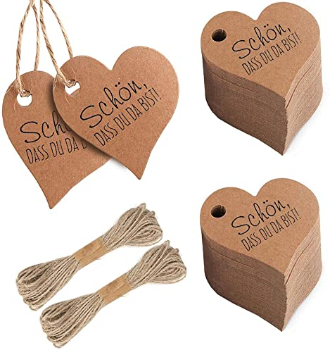 200 Stück Etiketten Anhänger Herz, Geschenkanhänger, Preisschilder, mit 20M Seil, für Valentinstag Geschenkanhänger, Hochzeit Geschenke, Basteln Deco (Braun)