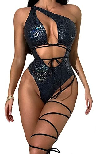 Damen Sexy Schlangenhaut One Shoulder Badeanzug Bandage Hollow Out Badeanzug Bademode mit Beinwickel Metallic Rave Outfits, Schwarz, S