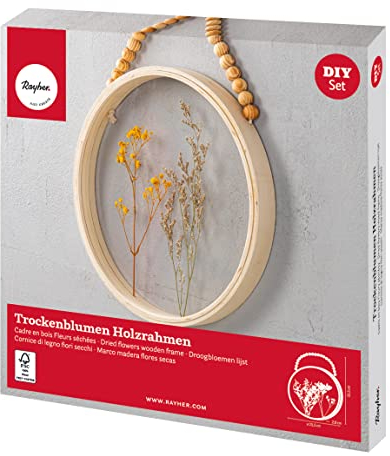Rayher Bastelpackung Trockenblumen im Holzrahmen, in transparenten Scheiben fixiert, Aufhänger mit Holzperlen, Holz FSC zertifiziert, Rahmen rund 25,5 cm ø, Rahmentiefe 2,8 cm, 85486000