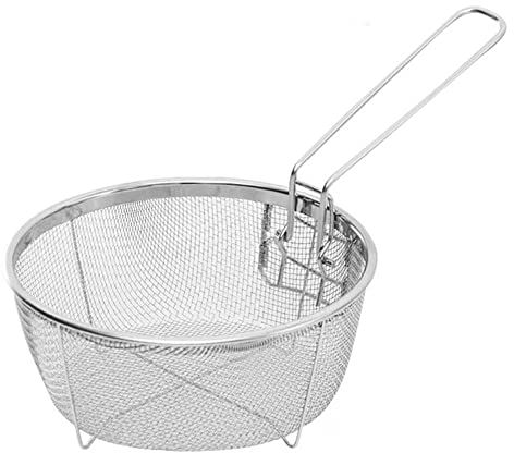 Cesta de alambre de acero, cesta de freír profunda de acero inoxidable con mango plegable, cesta de freír de alambre para freír
