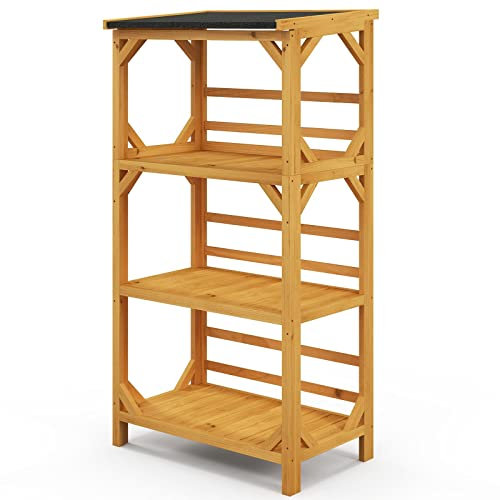 GiantexUK 3-Tier Plant Stand with Roof, Fir Wood Flower Pot Holder Display Rack, 70x49x137cm, Indoor Outdoor Storage Shelf Cabinet Garden Shed, 90kg Capacity