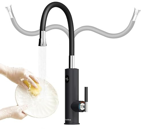 Briwellna Stainless Instant Water Heating Kitchen Tap with Digital Display, 220V Tankless Electric Hot Water Faucet with Universal Spout and Flexible Swivel Silicone Hose (Black)