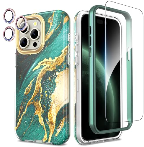SHEDEER 4-in-1 iPhone 15 Pro Max Case with Screen Protector + Bumper & Camera Protector | Military-Grade Shockproof 360° Protection, 15 Pro Max Case Glossy Fade-Resistant Pattern Design (Green)