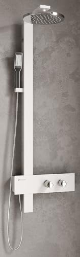 Novellini F Colonna Doccia Attrezzata Bagno Installazione Parete Miscelatore Meccanico Ripiano Porta Oggetti Bianco Opaco Rubinetteria Soffione Pioggia Diametro Ø 300 mm Doccetta Cromo 42x8,4x125 cm