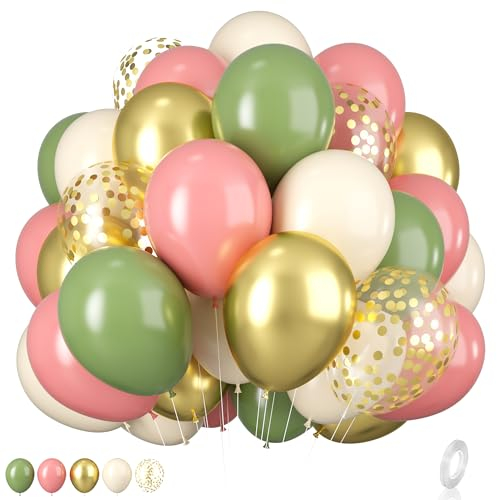 Ballons rose vert, ballons de 12 pouces en vert sauge, ballons à confettis rose poussiéreux en vert olive, rose sable, or blanc pour les anniversaires de la jungle, les décorations de baby shower