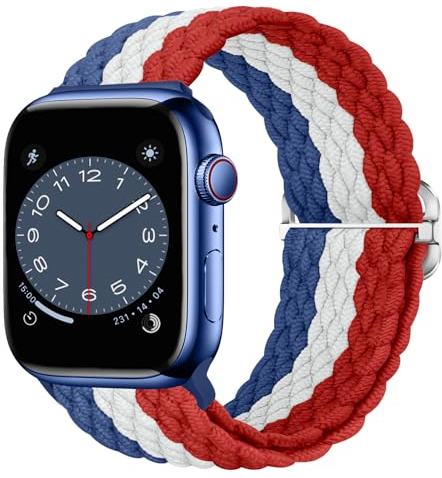 Nepfaivy Bracelet Tressé Compatible avec Apple Watch 42mm 44mm 45mm 46mm 49mm Femme Homme, Bracelet en Nylon Elastique Réglable Watch SE/Ultra/Series 10/9/8/7/6/5/4/3/2/1, Bleu-Blanc-Rouge