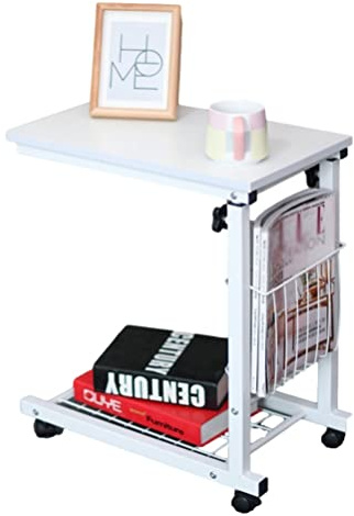 Bureau Mobile pour Ordinateur Portable avec Rangement, roulettes sur Pied Portables pour La Maison, Le Bureau, Table De Lit Réglable, Ordinateur, Canapé Roulant, Côté Chaise (Blanc)