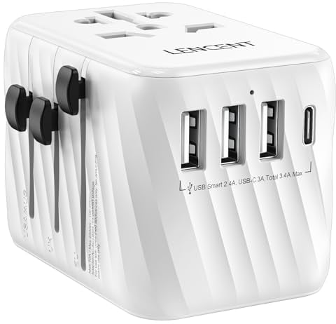 LENCENTE Adattatore Universale da Viaggio, Spina di Alimentazione con 3 USB A e 1 PD Tipo C, Caricatore USB Presa AC da Parete in Tutto il Mondo per UE a UK, AUS, AUS (Spina di Tipo C/G/A/I) -Bianco