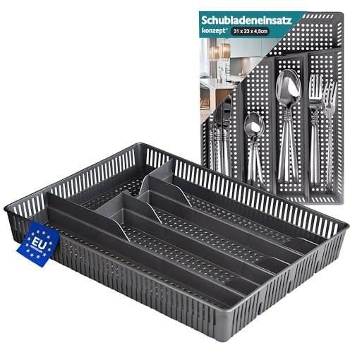 KONZEPT Bandeja para cubiertos para cajones, 31 x 23 x 4,5 cm, color gris, práctico organizador de cajones para cocina, cajón para cubiertos para almacenamiento y organización óptimos de la cocina