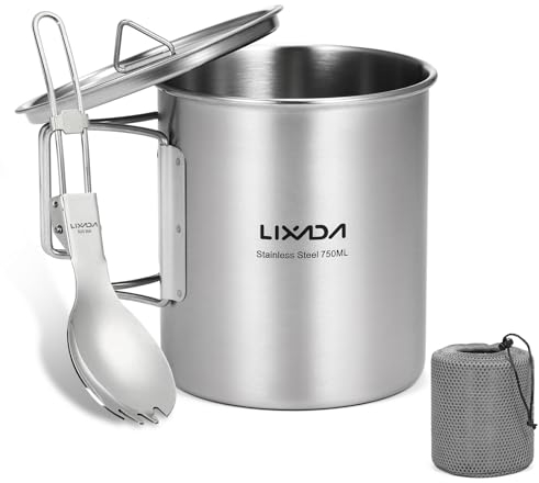 Lixada Camping Topf Edelstahl Titan Tasse Becher 750ml mit Faltbaren Griffe und Deckel Outdoor Tasse Geschirr für Camping Wandern Kochen Picknick