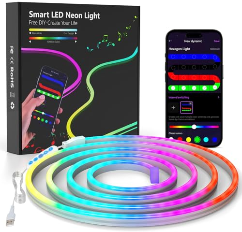 Neon LED Strip 2m - RGB Neon LED Streifen mit App-Steuerung DIY-Lichteffekte Musik Sync Neon Lichtband für Wohnzimmer, Schlafzimmer, Wand Deko (2M)