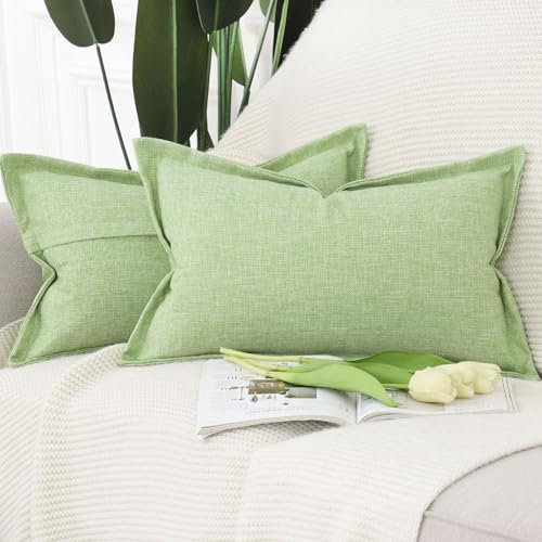 Madizz 2er Set Polyester Leinen Kissenbezügen mit breiter Kante Weiche dekorative Kissenbezüge für Sofa Schlafzimmer Kissenhülle Grün 40x60 cm Rechteckig
