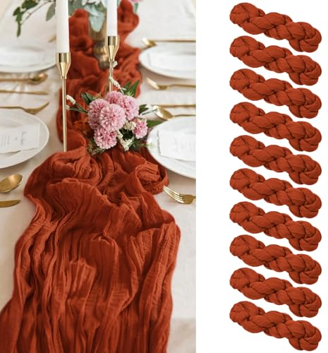 10er-Pack Käsetuch-Tischläufer aus Terrakotta, 3 m, Gaze, rustikaler Boho-Käsetuch-Tischläufer, 90 x 300 cm lang, romantischer, transparenter Tischläufer für Hochzeit, Babyparty, Geburtstagsfeier