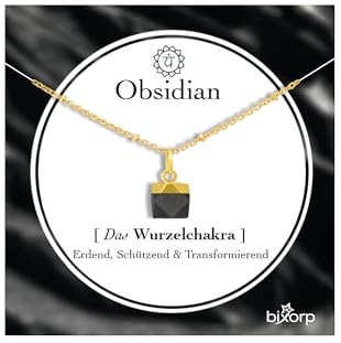 Bixorp Obsidian Chakra Halskette – Handgefertigter Obsidian Anhänger – Vergoldete Edelstahlkette auf Geschenkkarte mit Geschenkumschlag – (36 cm + 8 cm verstellbar)